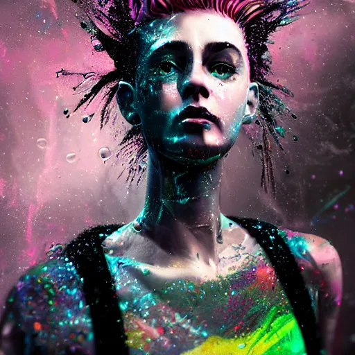 Image similar to splashes of neon galaxies, mowhawk, punk women portrait made out of paint with rain in the background, trending on artstation, epic composition, emotional, beautiful, rendered in octane, highly detailed, realistic, tim burton comic book art, sharp focus, unreal engine