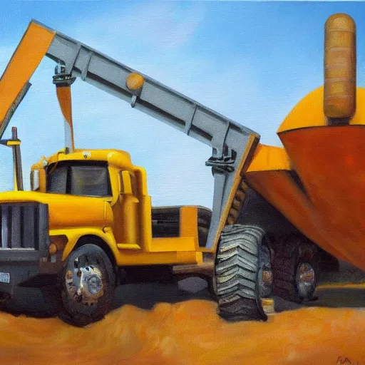 Image similar to an oil painting of a giant tonka truck, surrealism