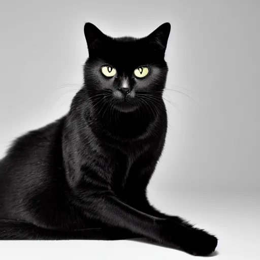 Prompt: national geographic photograph of a mischeivious black cat sitting in a white room