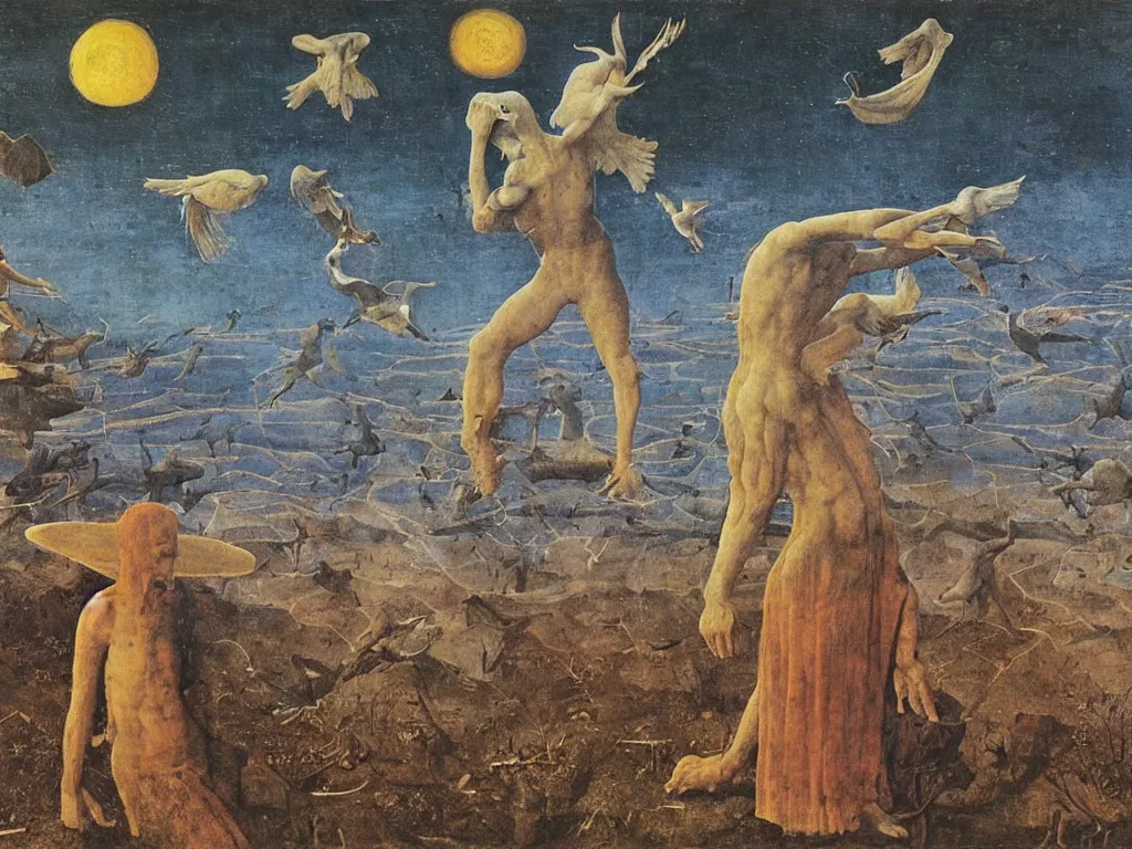 Image similar to the limitless plains of reptilian sorrow. Night of the star gazer. God trapped in the mud. Flock of birds. Painting by Jan van Eyck, Fra Filippo Lippi, Rene Magritte, Agnes Pelton, Max Ernst, Beksinski