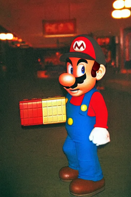 Image similar to 35mm photo of Mario from the video game Mario Bros., light leaks, kodachrome