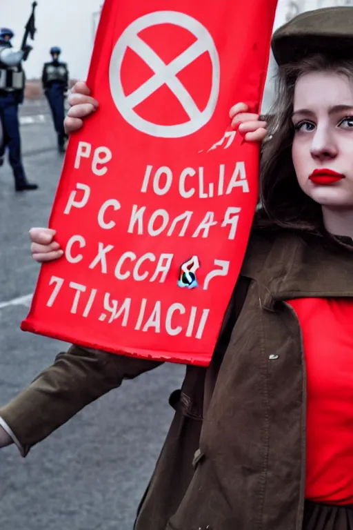 Image similar to a russian communist girl protests the police, red background, poster style