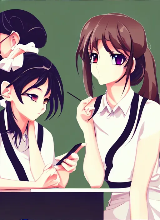 Prompt: two beautiful teachers on a lunch break, gorgeous faces, thick lines, cinematic lighting, detailed anime art