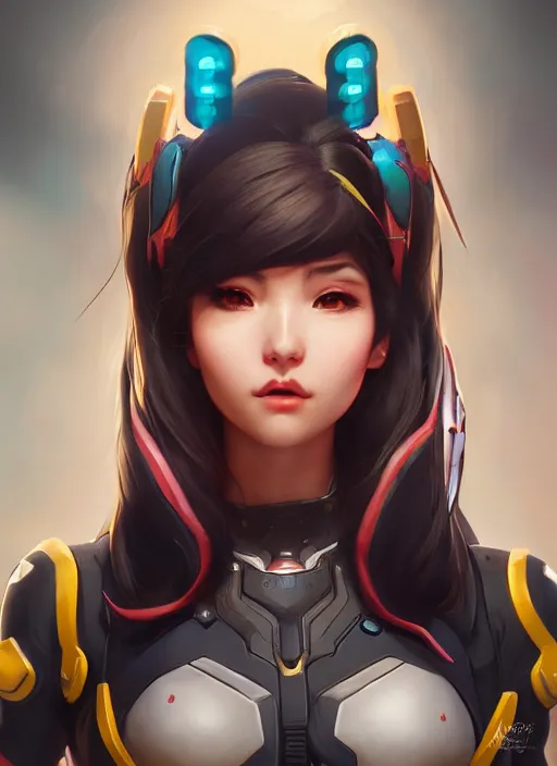 Image similar to character portrait of a fusion of D.Va from Overwatch and Hanzo from Overwatch by ArtGerm and Tom Bagshaw, 4k, highly detailed, cinematic lighting, characters merged