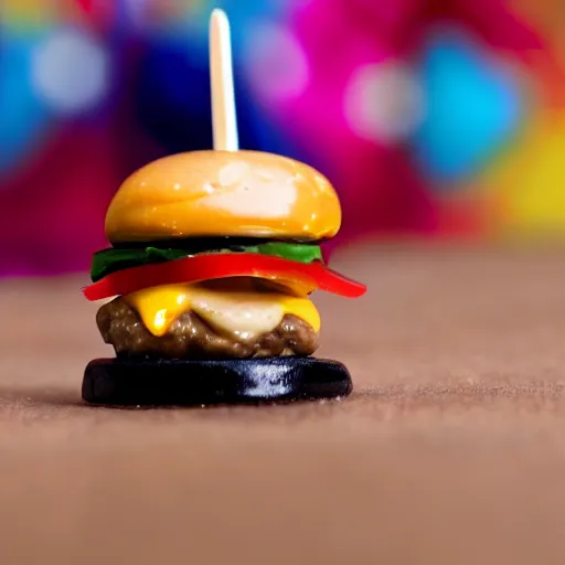 Prompt: macro photo of a miniature ho scale cheeseburger figure, taken with canon 8 0 d, canon 1 0 0 mm f / 2. 8