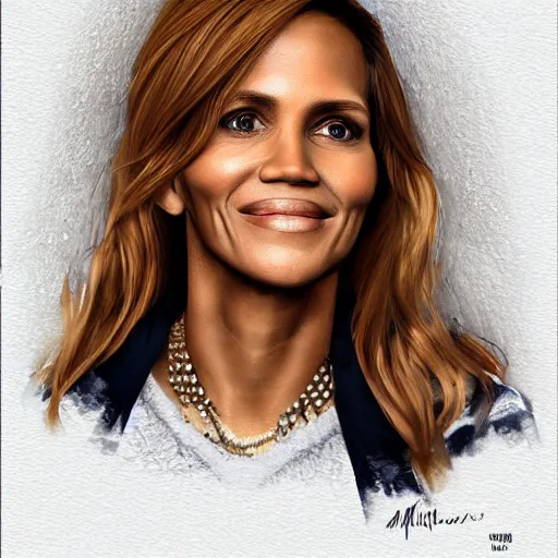 Image similar to portrait of maci holloway, first woman elected as president in usa, cold but beautiful, about 3 5 years old, highly detailed, mix of halle berry and julia roberts, artstation hd, deviantart, by artgem