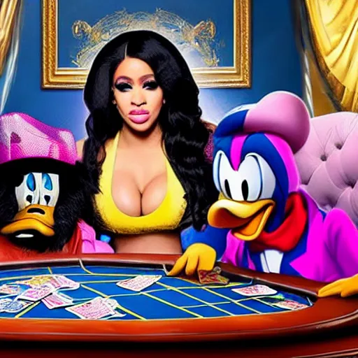 Image similar to cardi b, nicki minaj, donald duck all sitting at a poker table together, ultra realistic, live action, iphone photo