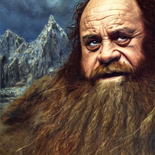 Prompt: portrait of danny devito as gimli, by alan lee, lord of the rings calendar, smooth, detailed terrain, oil painting, matte painting, concept art, trending on artstation