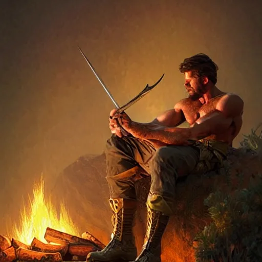 Image similar to Rugged male ranger relaxing by the fire, relaxed, D&D, muscular, upper body, fantasy, intricate, elegant, highly detailed, digital painting, artstation, concept art, smooth, sharp focus, illustration, art by artgerm and greg rutkowski and alphonse mucha