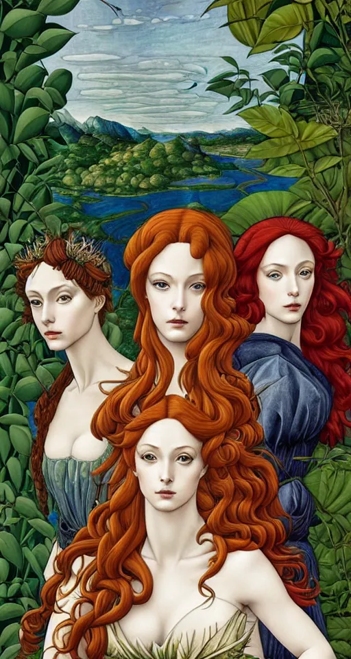 Image similar to three amazon queens, in a mixed style of Botticelli and Æon Flux, inspired by pre-raphaelite paintings and shoujo manga, surrounded by a misty jungle landscape, hyper detailed, stunning inking lines, flat colors, 4K photorealistic