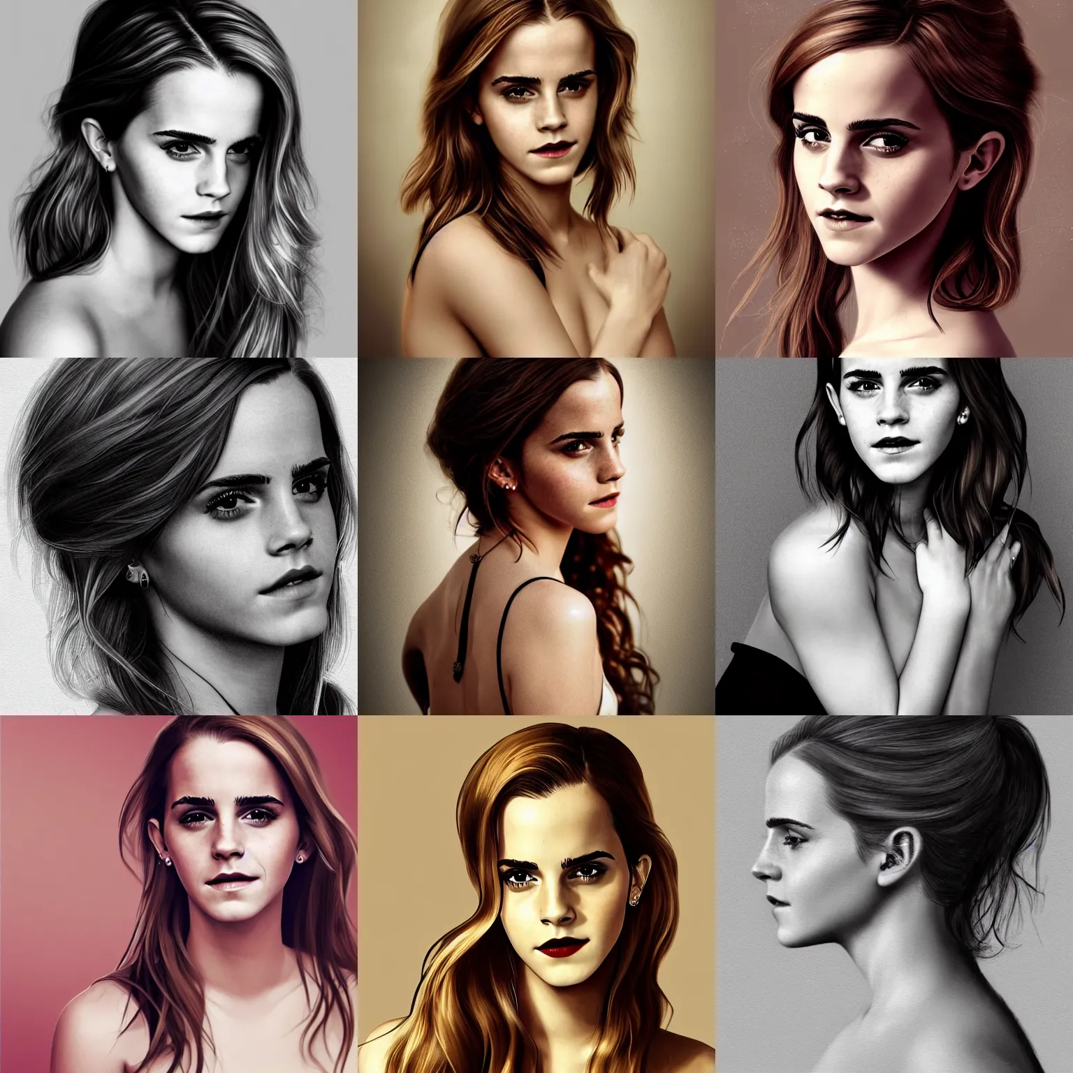Prompt: sensual portrait photograph of emma watson, full body, 2 1 mm, elegant, intricate, naughty smile, sultry, smooth, illustration, digital painting