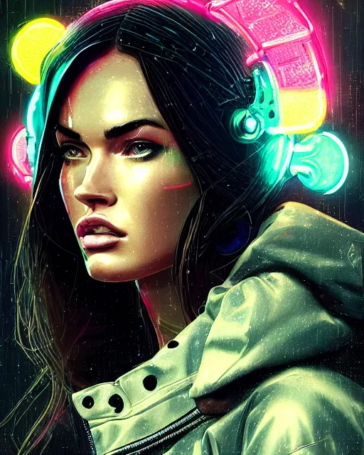 Image similar to detailed portrait Megan Fox Neon Operator Girl, cyberpunk futuristic neon, reflective puffy coat, decorated with traditional Japanese ornaments by Ismail inceoglu dragan bibin hans thoma greg rutkowski Alexandros Pyromallis Nekro Rene Maritte Illustrated, Perfect face, fine details, realistic shaded, fine-face, pretty face