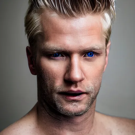 Image similar to close up of face of very handsome 4 0 year old slavic blond man with blond stubble, very short wavy blond hair in a short pompadour style, pale skin, very dark blue eyes, hairy shoulders, hairy chest, portrait, 4 k