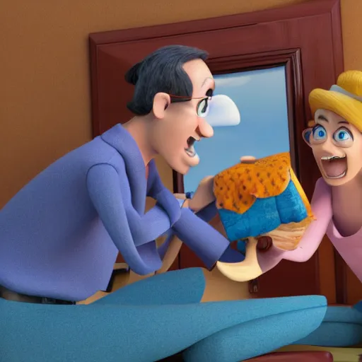 Prompt: illustration of two happy people exchanging items, pixar - style, 3 d render