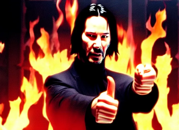 Image similar to A photo of Keanu Reeves as Neo in The Matrix movie doing a thumb up to the camera in front on burning servers, servers in flames in the background, happy system administrator doing a thumb up, uncropped, full body, crispy, ultra detailed