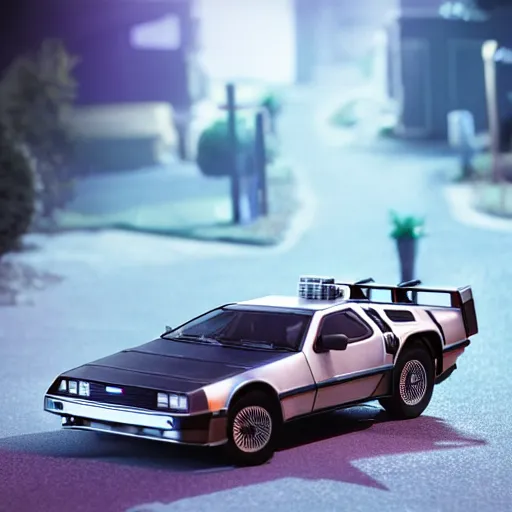 Prompt: hot wheels delorean car on a suburban street diorama scene, cinema 4 d, octane, render 8 d, cinematic lighting, product shot, commercial photography