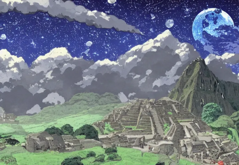 Image similar to a still from a studio ghibli film showing a huge giant grey starship. in the background is machu pichu on a misty and starry night. very dull muted colors, hd, 4 k, hq