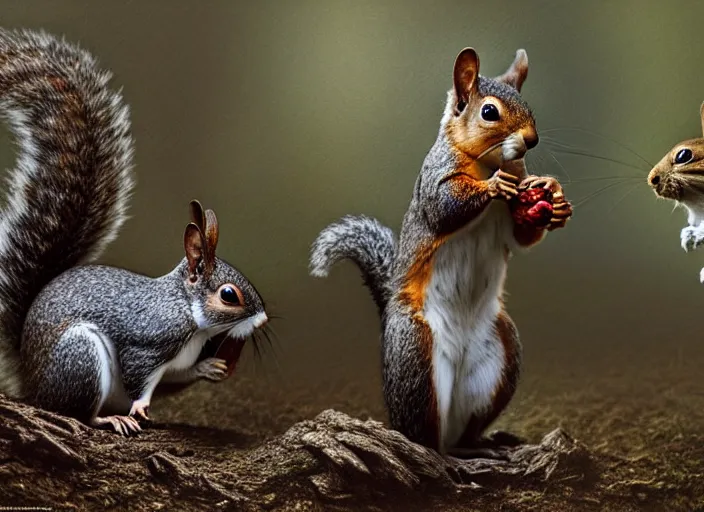 Image similar to photo, a squirrel fighting a rabbit, woodland location, stefan kostic and david cronenberg, realistic, sharp focus, 8 k high definition, intricate, chiaroscuro, elegant, perfect faces, symmetrical face, extremely detailed, hypnotic eyes, realistic, fantasy art, masterpiece zdzislaw beksinski, national geographic, artgerm