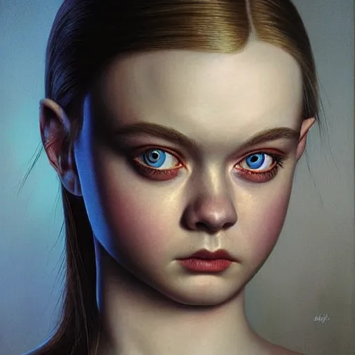 Image similar to a striking hyper real painting of Elle Fanning, dark, metal, by Vladimir Kush