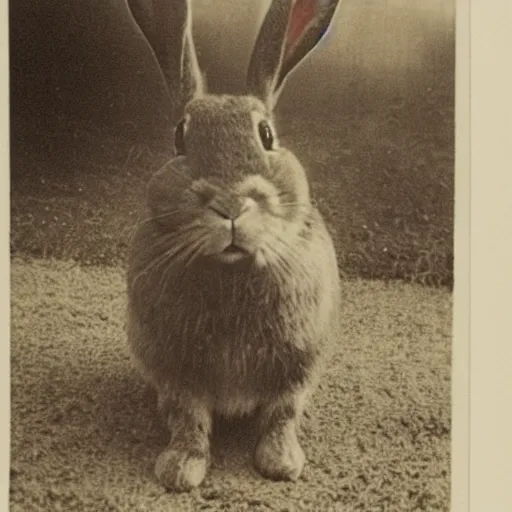 Prompt: a grainy black and white photograph of decorated war hero Rabby Rabbitson, the rabbit that saved England during ww1