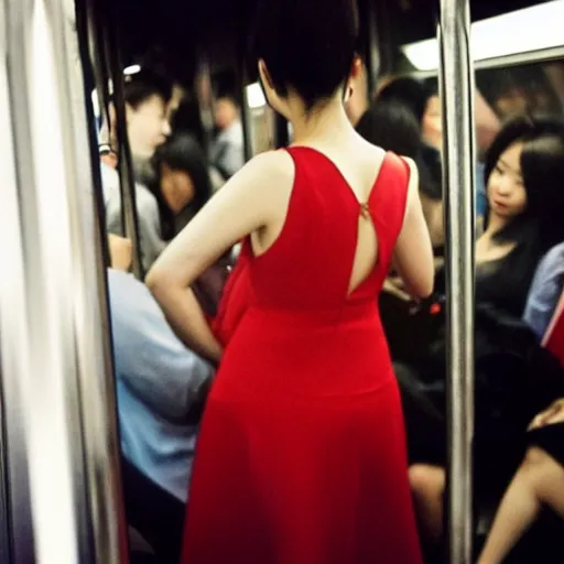 Prompt: a sexy chinese girl with backless dress in a crowded subway train, artistic, by annie leibovitz