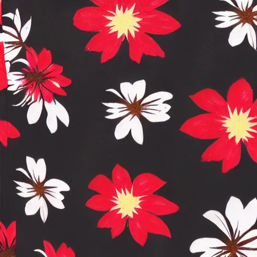 Image similar to aloha shirt black flower on red, photograph, realistic, filmic, cinematic