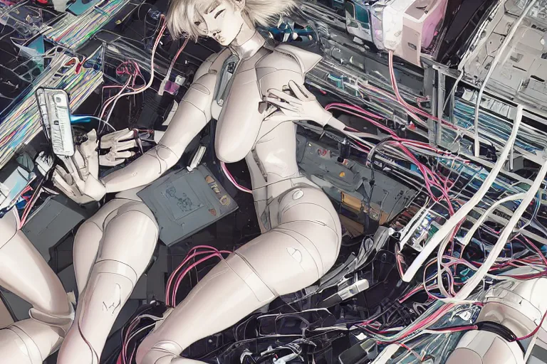 Image similar to a finely composed cyberpunk illustration of a group of white female androids' in style of hajime sorayama, lying on an abstract, empty, white floor with their body parts scattered around and cables and wires coming out, by katsuhiro otomo and masamune shirow, hyper-detailed, colorful, view from above, wide angle, close up, spacious