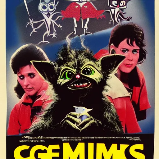 Prompt: 1980s movie theatre poster for a Gremlins movie sequel starring Geralt of Rivia