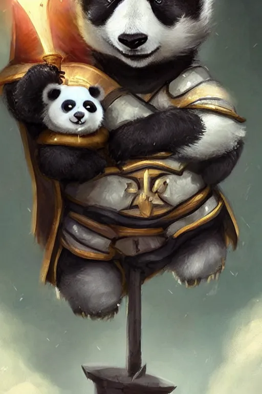 Image similar to cute little anthropomorphic panda knight wearing a cape and a crown, tiny, small, miniature panda baby animal, short, pale blue armor, cute and adorable, pretty, beautiful, DnD character art portrait, matte fantasy painting, DeviantArt Artstation, by Jason Felix by Steve Argyle by Tyler Jacobson by Peter Mohrbacher, cinematic lighting