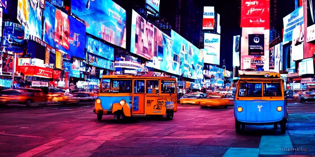 Image similar to a blue and white tuk tuk in Times Square at night, highly detailed, hazy, cloudy, intense neon lighting, matte painting, concept art, 4k