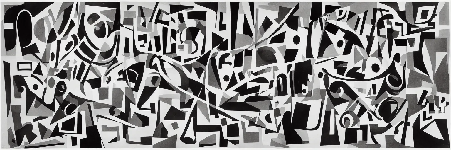 Image similar to visual representation of be - bop jazz music, black and white, abstract, dark, unreal, insightful, philosophical, multiple musical instruments, moma museum,