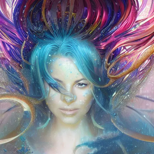 Image similar to ultra detailed illustration of Kate Beckinsale as a anime girl covered in a sea of iridescent liquid, chrome metal material, lost in a dreamy oriental realm by Karol Bak, Ruan Jia, Moebius, hiroshi yoshida, Druillet, colorful, front view, vivid colors, 8k, coherent, anime vibes, uplifting, magical composition, artstation, synthwave, 8k, coherent, artgerm, uplifting, unreal engine, magical composition, artstation,