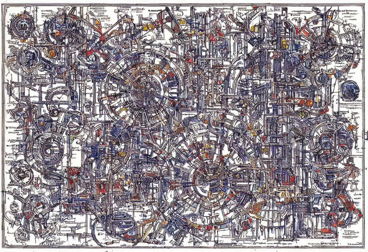 Prompt: colorfully blueprint of demonic stemapunk machine from necronomicon book, plenty annotations in blood sumerian language, by rutkowsky and gerald brom and frazetta and rembrandt