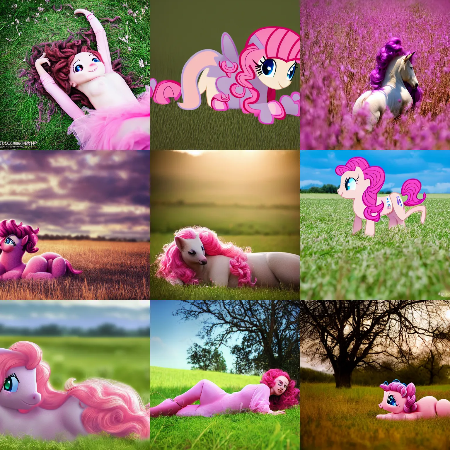 Prompt: Pinkie Pie laying in a field, Equine Photography, 🐎🍑, 4k