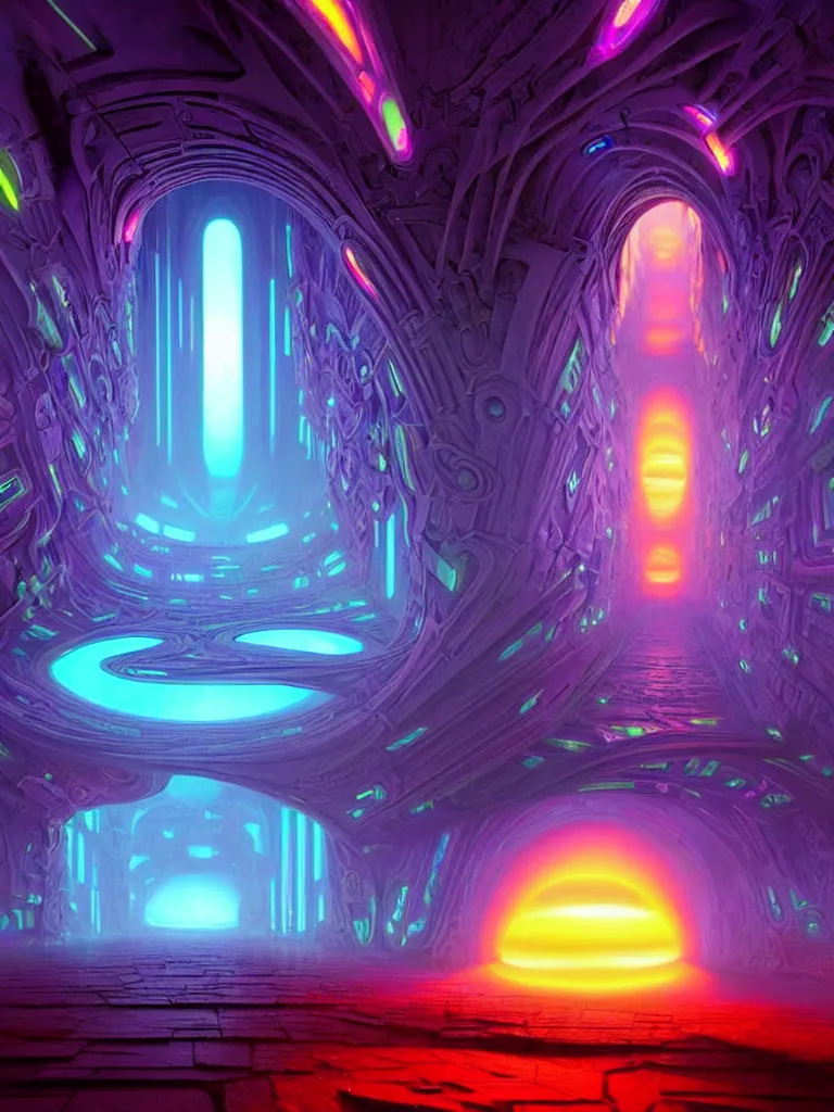 Image similar to entrance to ethereal realm, matrix enlightenment, rendered in unreal engine, central composition, symmetrical composition, dreamy colorful cyberpunk colors, 6 point perspective, fantasy landscape with anthropomorphic!!! terrain!!! in the styles of igor morski, jim warren and rob gonsalves, intricate, hyperrealistic, volumetric lighting, neon ambiance, distinct horizon