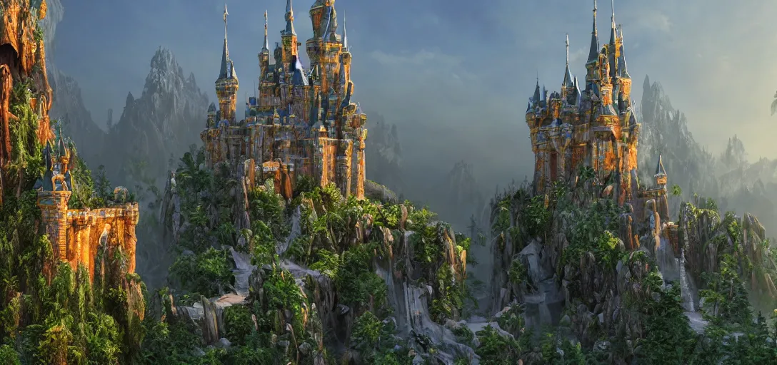 Prompt: highly detailed fantasy castle architecture by Anton Tokarev and, reflective lighting, holographic, stylized vegetation, ground-level view, stunning sunny lighting, sunrise, foggy atmosphere, waterfalls, vivid colors, lights, in the style of pixar animation, trending on Artstation, 8k, matte painting, ray tracing, hyper detailed, unreal engine 5, cinematic, epic lighting, cryengine, octane render, cyberpunk, red and orange glow, vibrant