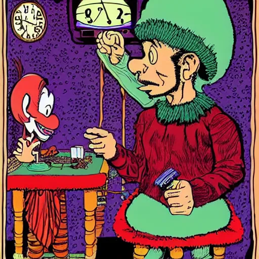 Image similar to Joe Rogan interviewing a psychedelic clock-work Elf, by R. Crumb and Walt Disney