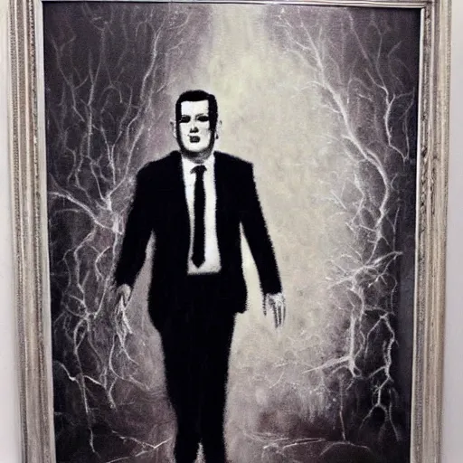 Prompt: Ted Cruz escapes, black and white, creepy lighting, scary, horror, ornate, eerie, fear, oil painting