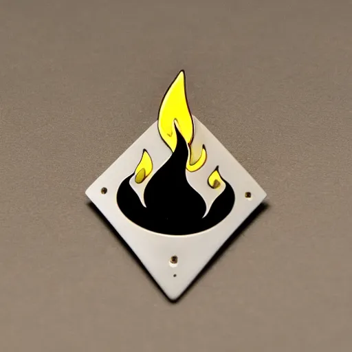 Image similar to a diamond enamel pin depicting a minimalistic clean illustration fire flames warning label, smooth curves