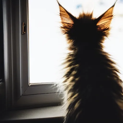 Image similar to view from the back of a backlit maine coon kitten gazing out a sunny window on a warm day. outside there are pretty flowers. 3 5 mm, f / 1 1. 0, is 1 0 0