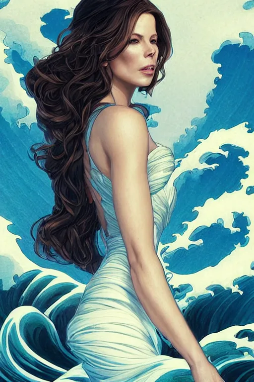 Prompt: kate beckinsdale as a heroine with a dress inspired by the great wave off kanagawa, digital painting, artstation, concept art, smooth, sharp focus, illustration, art by artgerm and donato giancola and Joseph Christian Leyendecker, Ross Tran, WLOP