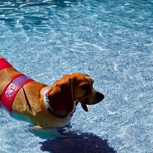 Image similar to beagle dog with red collar swimming in a pool in a house in premia del mar