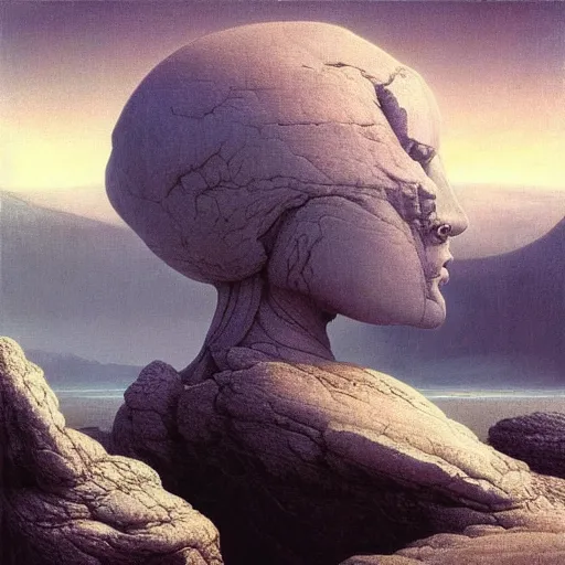 Image similar to David Friedrich, perfect white balance, scifi landscape, hyperrealistic surrealism, award winning masterpiece with incredible details, epic stunning, infinity pool, a surreal vaporwave liminal space, highly detailed, trending on ArtStation, artgerm and greg rutkowski and alphonse mucha, daily deviation, IAMAG, broken giant marble head statue ruins, golden hour