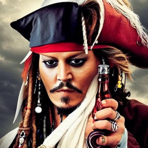 Image similar to johnny depp as a captain jack sparrow having a coca - cola