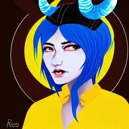Prompt: illustrated portrait of ram-horned devil woman with blue bob hairstyle and #FFA500 colored skin and with solid black eyes wearing leather by rossdraws
