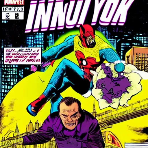 Prompt: a infinity comic book cover of jack Nicholson riding a broom and flying over new york.