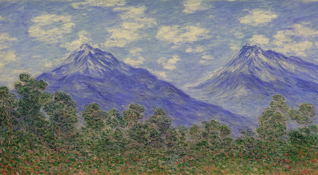 Prompt: a painting of a Japanese castle, with a garden as foreground, with mountains as background, by Claude Monet