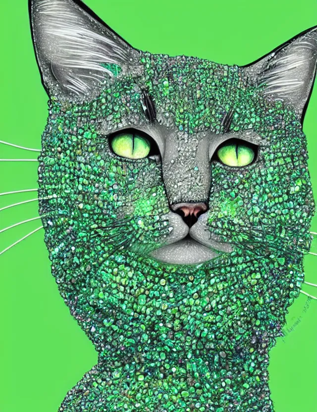 Image similar to a detailed illustration of a cat made of shiny green crystals, trending on artstation, digital art, 4 k resolution, detailed, high quality, sharp focus, hq artwork, coherent, insane detail, character portrait