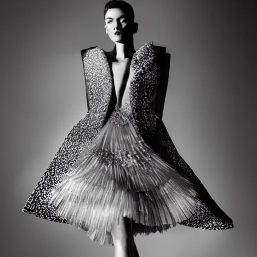 Image similar to upshot of a fashion model, luxury dress, editorial of dior magazine, highly detailed