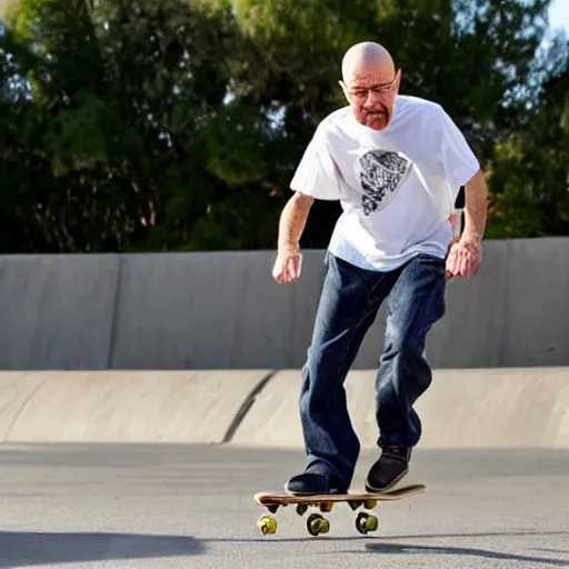 Prompt: Walter White skateboarding on an Albuquerque skate part